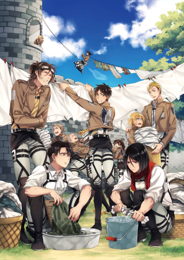 A playful scene from Attack on Titan featuring characters Connie Springer, Armin Arlert, Ymir, Erwin Smith, Historia Reiss, Mikasa Ackerman, Levi Ackerman, and Eren Yeager doing laundry.