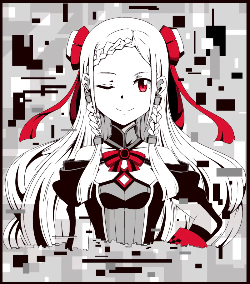 Yuna from Sword Art Online Movie: Ordinal Scale winking, long white braided hair with red ribbons, one red eye, black-and-white outfit with red accents, standing before a glitchy pixel background.