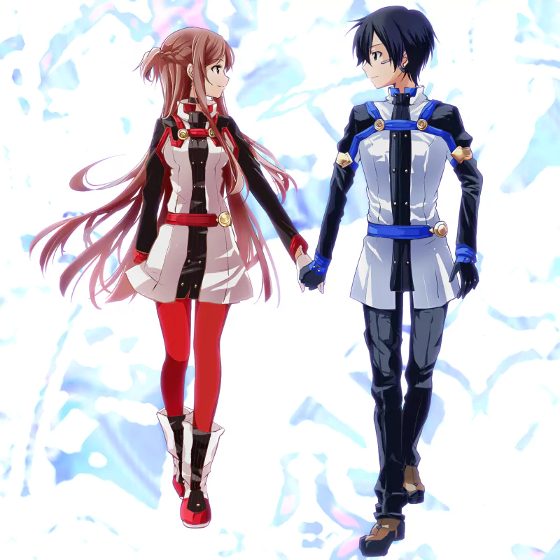 Asuna Yuuki and Kirito from the anime Sword Art Online are shown holding hands, dressed in their outfits from the movie Ordinal Scale, against a soft blue background.
