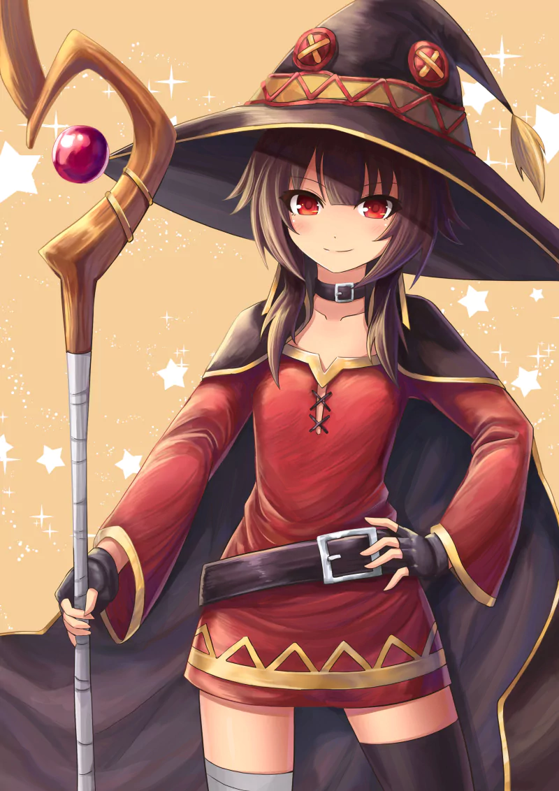 Megumin from KonoSuba (Anime, KonoSuba - God’s blessing on this wonderful world!!): red-eyed arch-witch in a wide-brim hat, red dress and cape, holding her staff with a confident smirk.