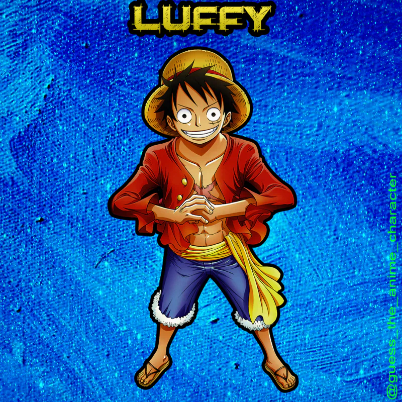 Anime character Monkey D. Luffy from One Piece stands confidently against a textured blue background, wearing his signature red jacket, straw hat, and shorts.