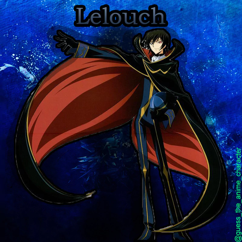 Lelouch Lamperouge (Code Geass) in anime style, standing with outstretched arm and a billowing black-and-red cloak against a textured deep-blue background.