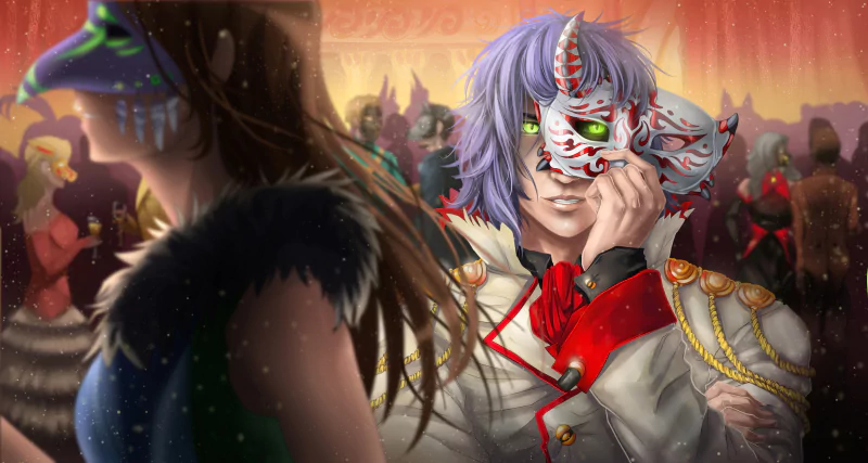 purple hair carnival green eyes mask Anime Original Image