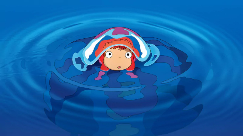 Anime Ponyo bobbing in vivid blue water, wide-eyed with red hair and dress peeking through swirling ripples.