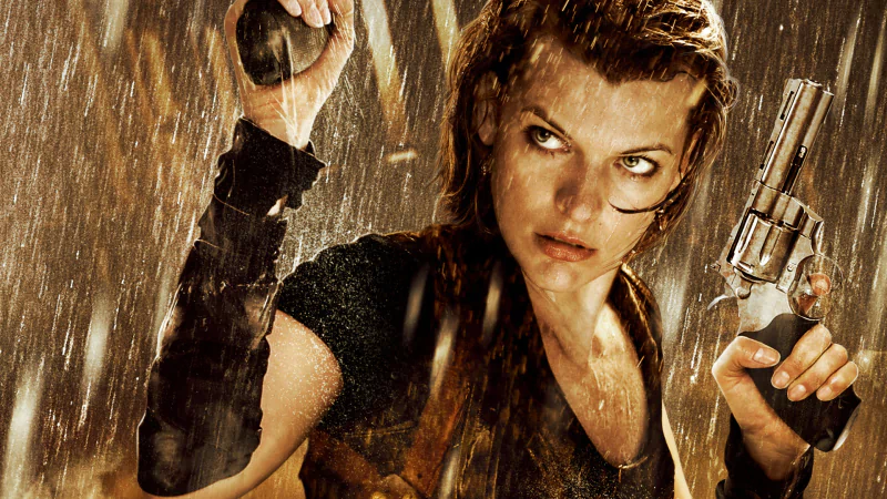 Alice from the movie Resident Evil: Afterlife, rain-soaked and armed with pistols, fierce and determined.