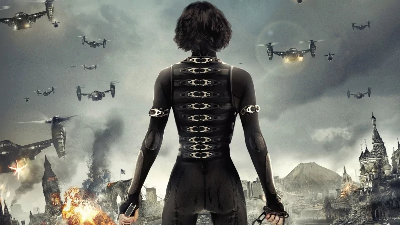 Alice (Resident Evil: Retribution) seen from behind in a black combat suit, armed, facing helicopters and a smoky, burning, ruined cityscape.