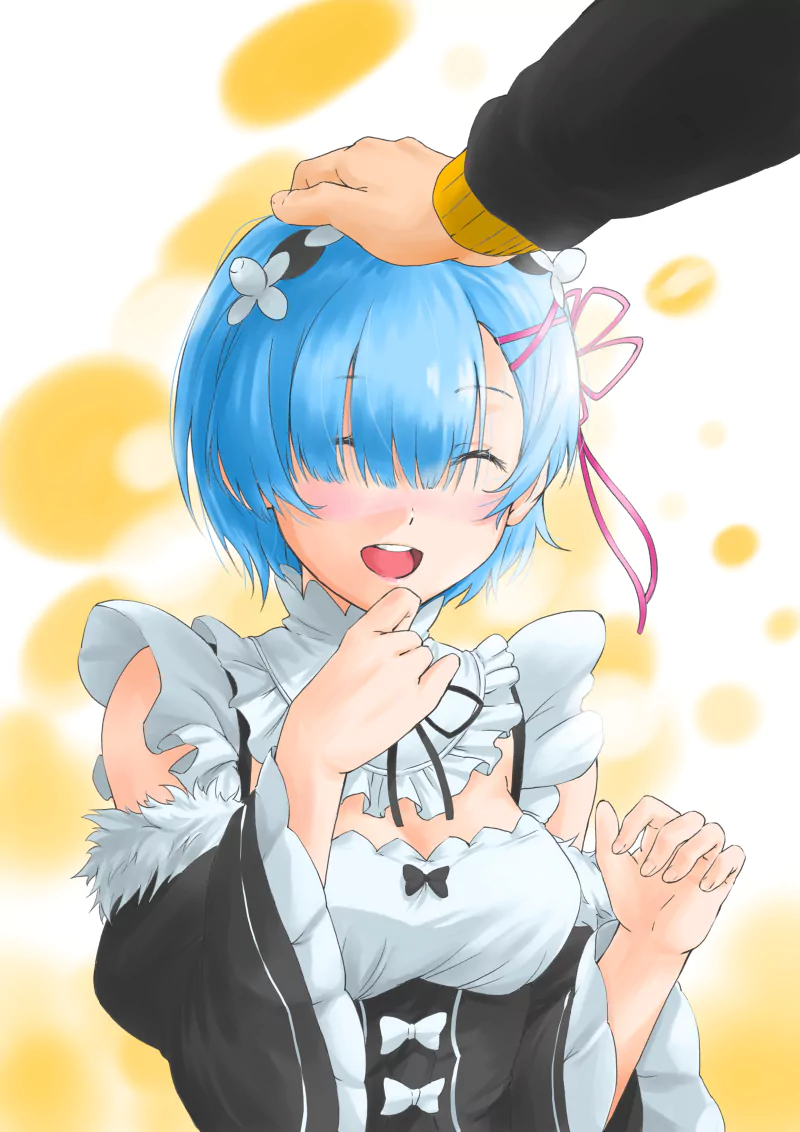 Rem (Re:ZERO) from Re:Zero - Starting Life in Another World — anime maid Rem with blue hair, smiling and blushing as a hand gently pats her head.