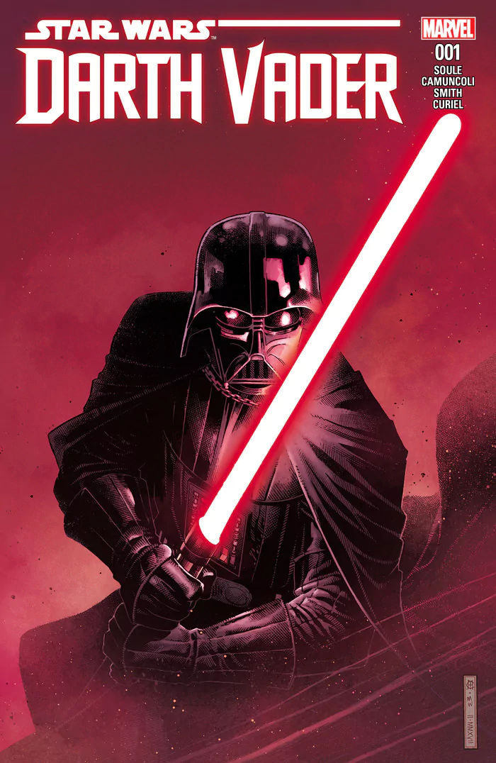 Star Wars: Darth Vader comic cover — Darth Vader in black armor and cape, red lightsaber ignited across a smoky red background, Marvel logo at top.