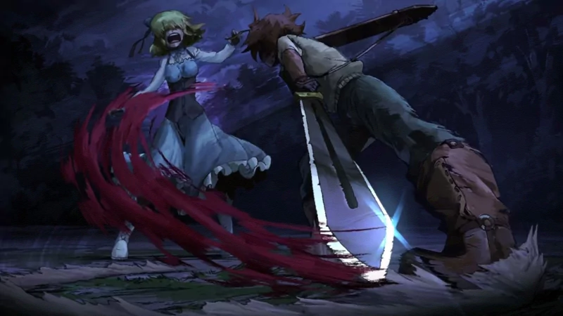 Aria (Akame Ga Kill!) hovers with red tendrils as Tatsumi (Akame Ga Kill!) lunges with a glowing sword - anime battle scene from Akame ga Kill!