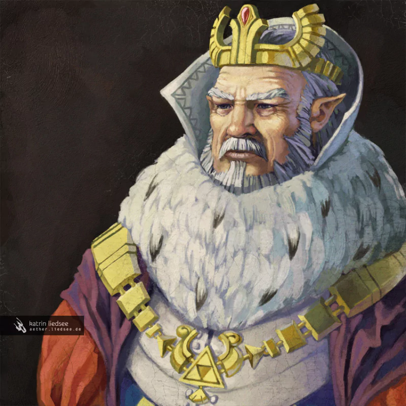 A portrait of the King of Hyrule from the video game The Legend of Zelda: The Wind Waker, featuring an elderly man with a regal demeanor and detailed royal attire.