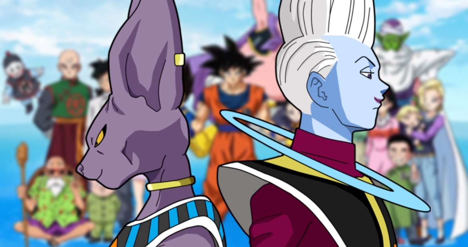 Tien Shinhan, Goku, Android 18, Piccolo, Beerus, Krillin, and Whis stand together in a vibrant scene from Dragon Ball Super, embodying the iconic anime's adventurous spirit.