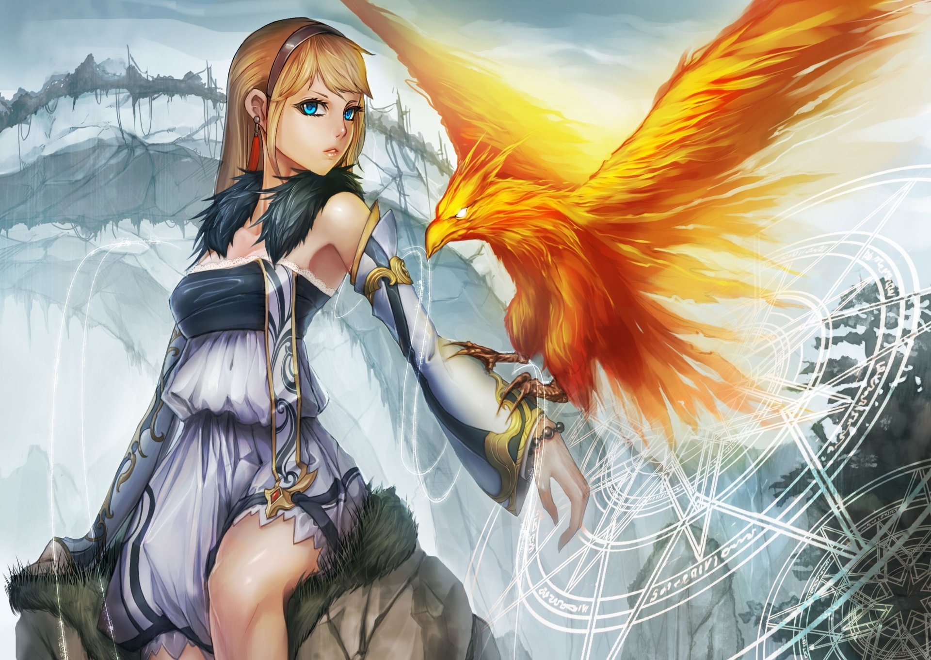 Download Blonde Bird Phoenix Fantasy Blue Eyes Woman Art