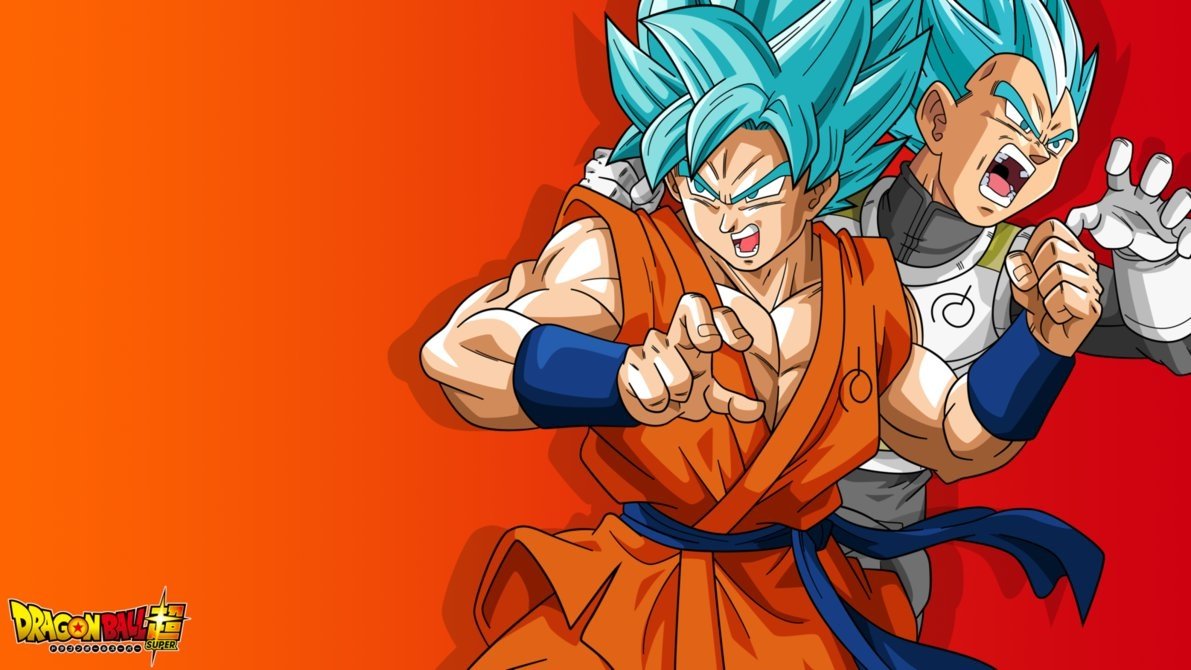 Goku and Vegeta from Dragon Ball Super are depicted in vibrant action poses against a striking orange background, showcasing their iconic blue forms.