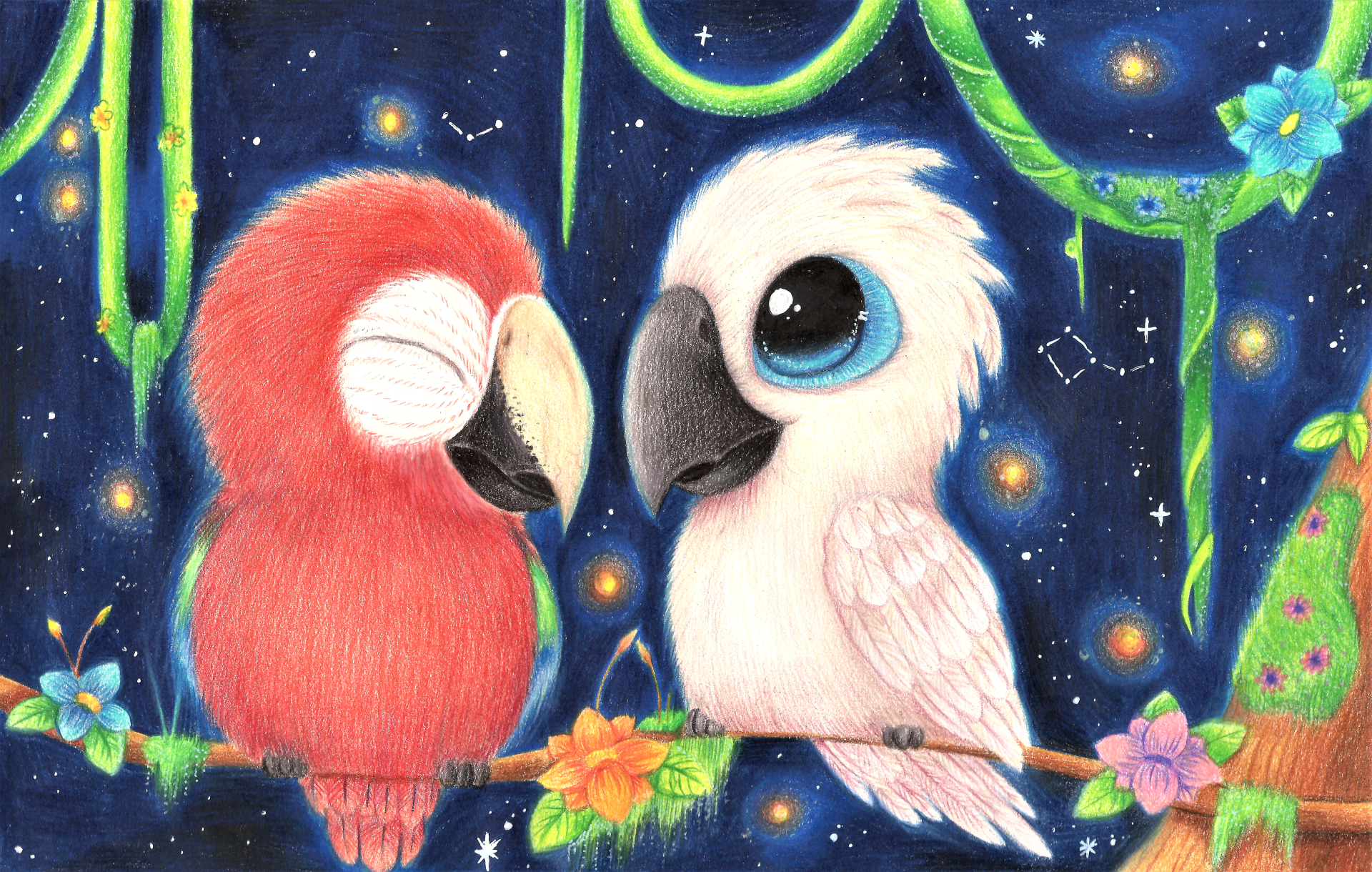 Chibi-style cute macaw and cockatoo parrots perched on a branch with colorful flowers against a starry night sky.