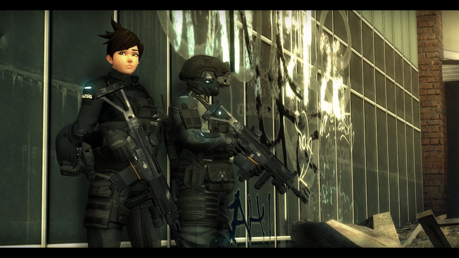 Crossover: Tracer (Overwatch) in Blacklight: Retribution–style tactical gear stands with a Blacklight operator beside shattered glass in a dim urban combat scene.