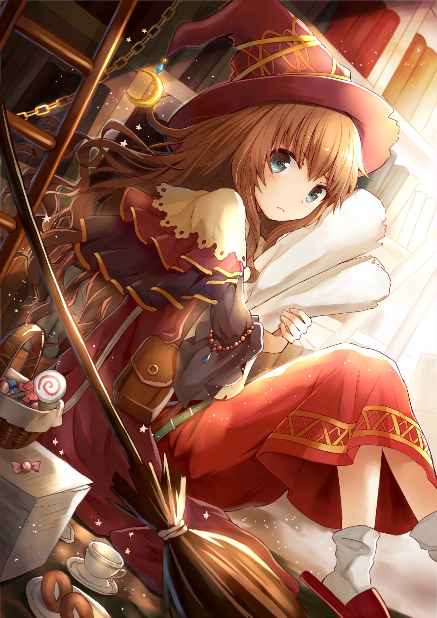 Anime-style witch with long brown hair, blue eyes, and a red dress, sitting indoors surrounded by magical items, wearing a large pointed hat.