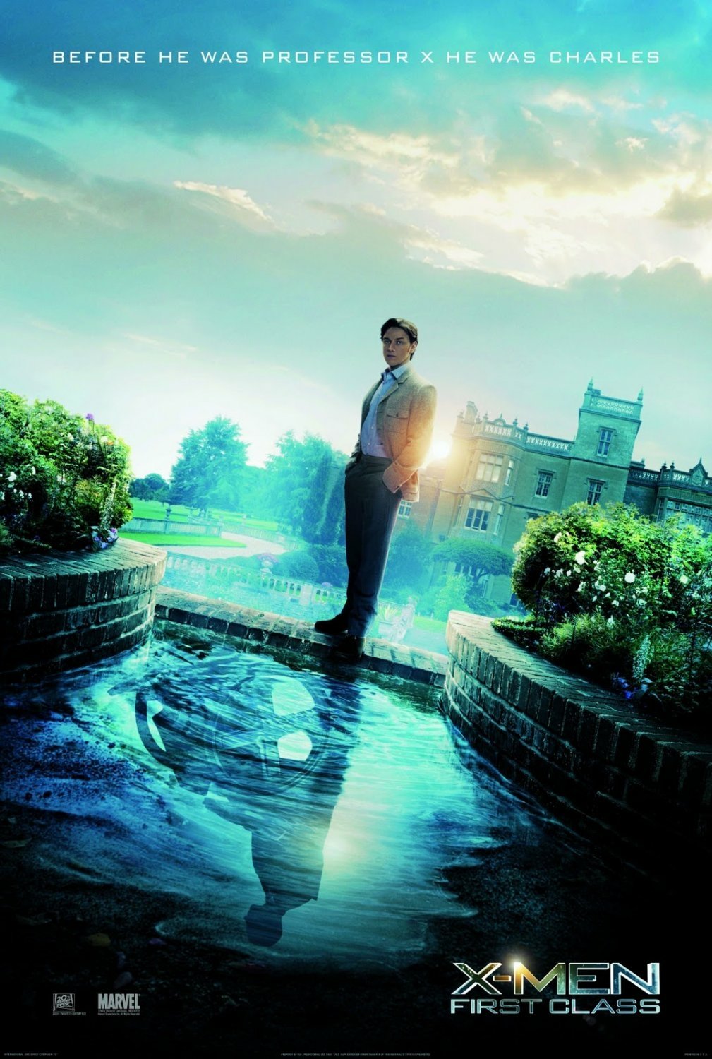 Promotional poster for X-Men: First Class featuring Charles Xavier standing in a garden with his reflection visible in a puddle below.