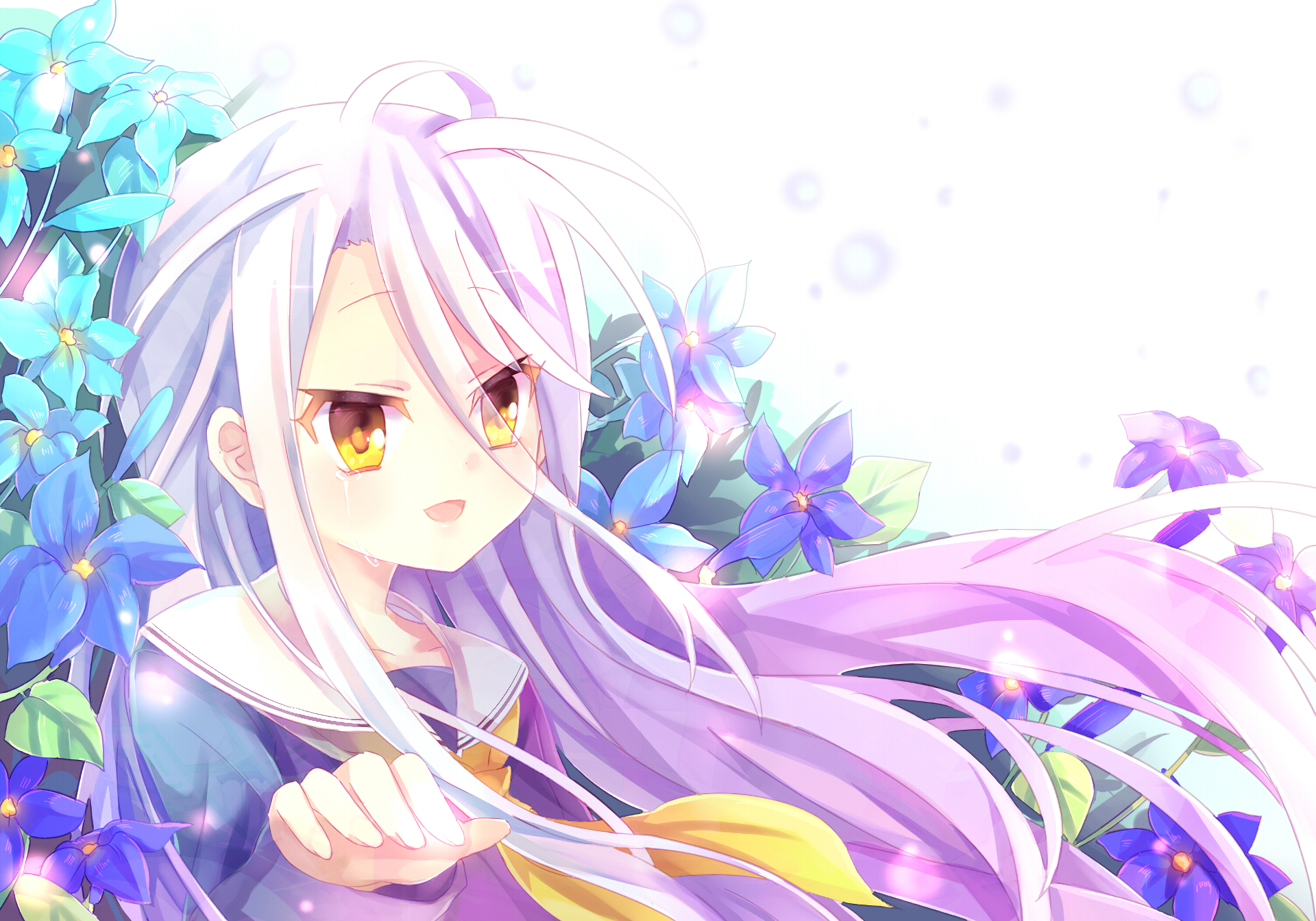 Shiro from the anime No Game No Life with long flowing hair, surrounded by vibrant blue and purple flowers on a bright, softly glowing background.