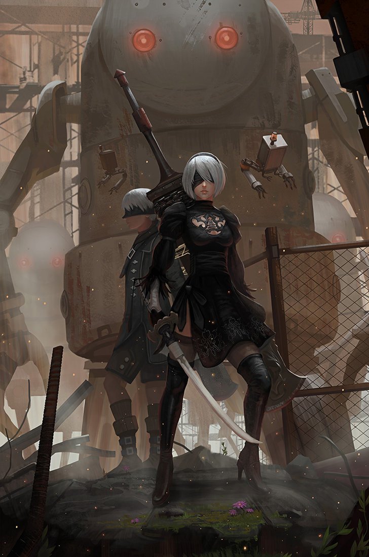 Two humanoid robots, YoRHa No.9 Type S and No.2 Type B from NieR: Automata, stand armed with katanas, wearing black dresses, thigh boots, blindfolds, against a giant robot backdrop.