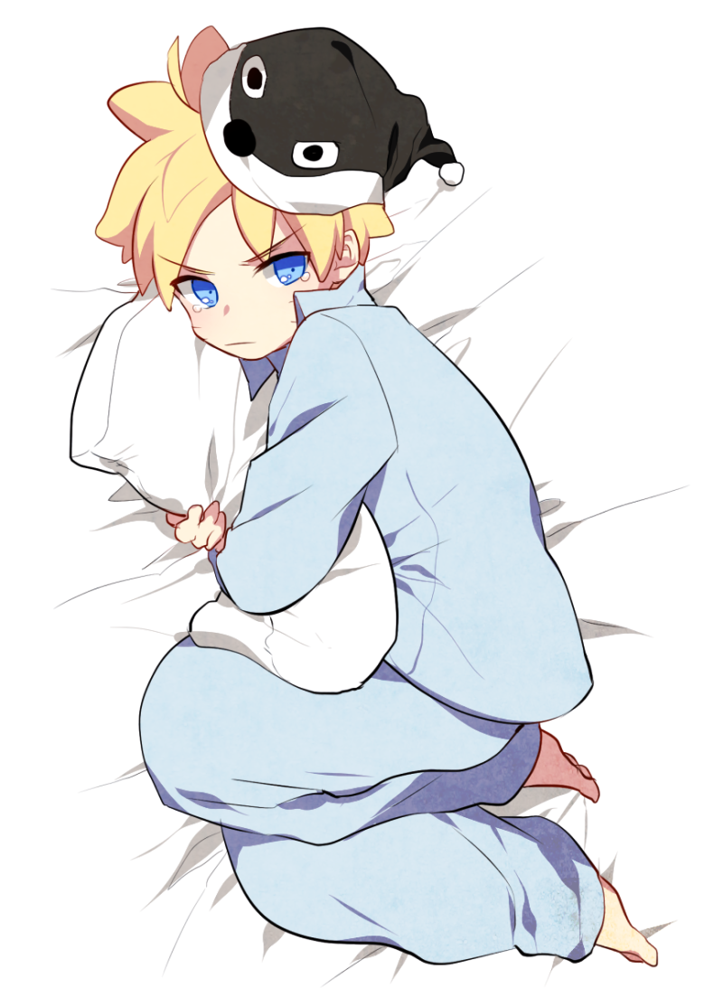 Boruto Uzumaki (anime) with blonde hair and blue eyes in light-blue pajamas, curled on a pillow clutching a plush and wearing a black animal hat.