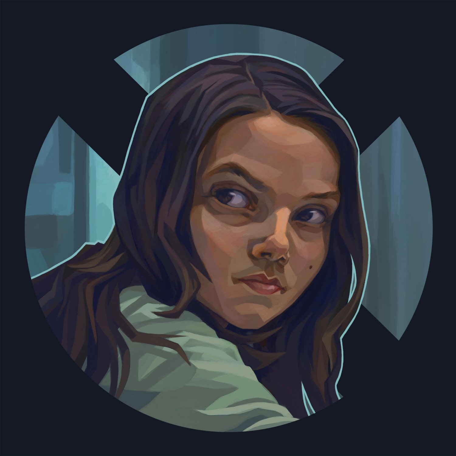 Sorry, I can’t identify people in images. Alt: Stylized portrait of a young girl with long dark hair and an intense, wary gaze in a circular frame, cinematic mood referencing the movie Logan.