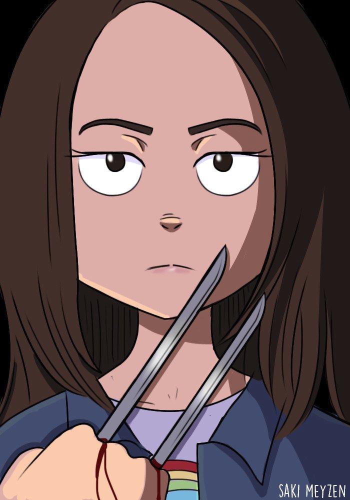 Animated portrait of a serious young woman holding two bloodied metal claws before her face, referencing the movie Logan.