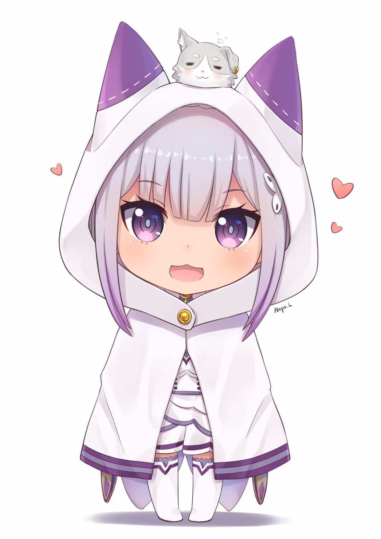 Chibi-style illustration of Emilia from Anime Re:Zero - Starting Life in Another World, wearing a white hooded cloak with purple cat ears and a small cat on her head.