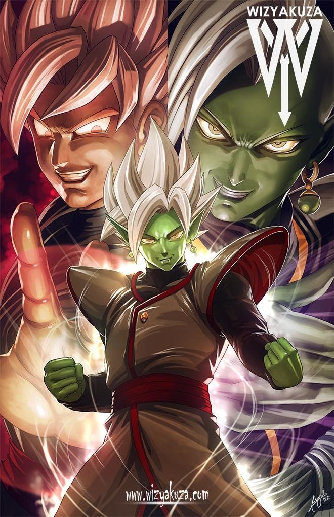 Dynamic artwork featuring Zamasu from Dragon Ball Super, highlighting his powerful presence alongside two intense figures in the background with vivid anime-style detailing.