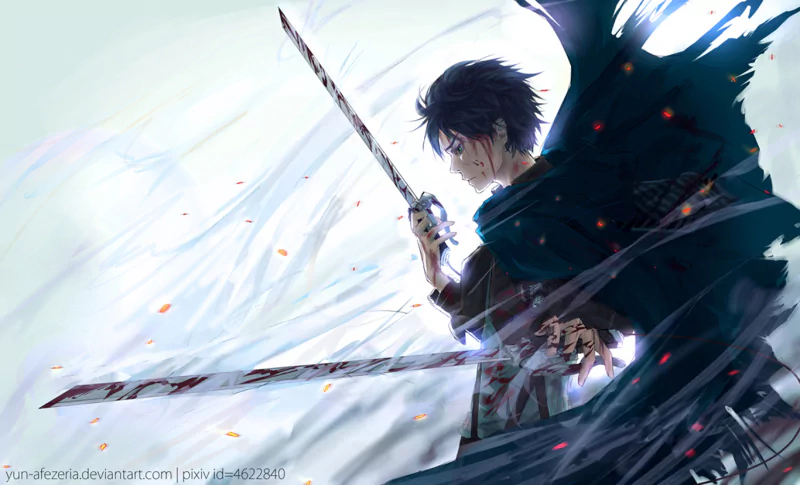 Eren Yeager from Attack on Titan readies his swords in a dynamic, intense anime scene with flowing motion and a dark, swirling cloak.