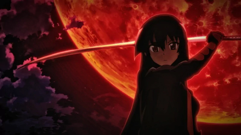 A silhouette of Akame from Akame Ga Kill! stands boldly with her sword against a backdrop of a glowing red moon, evoking the intense atmosphere of the anime.