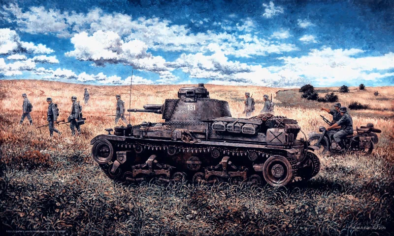 A German soldier stands by a Panzer 35(t) tank in a grassy field, while fellow soldiers march in the background under a bright blue sky with scattered clouds.