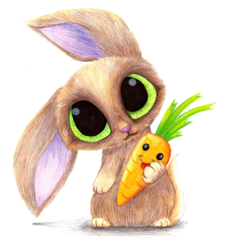 A cute bunny with large green eyes holding an orange carrot, blending adorable animal features with playful charm.