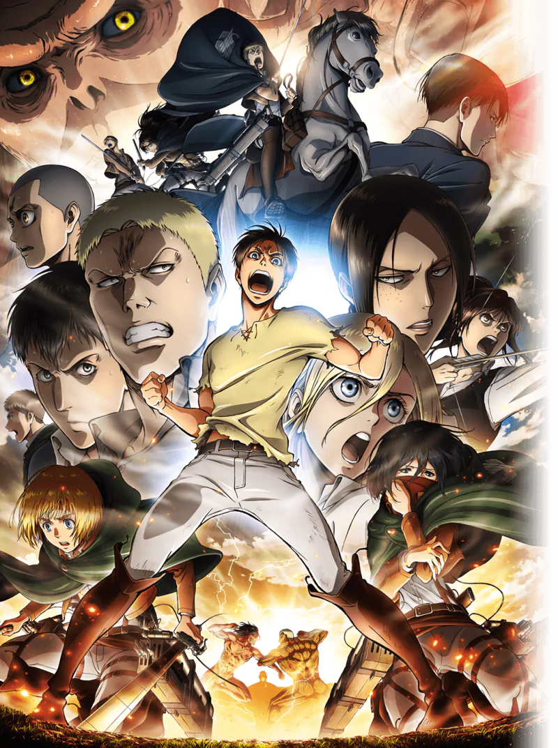 A dynamic Attack on Titan scene featuring key characters including Eren Yeager and Mikasa Ackerman at the center, surrounded by comrades like Levi, Erwin, Sasha, Reiner, and others.