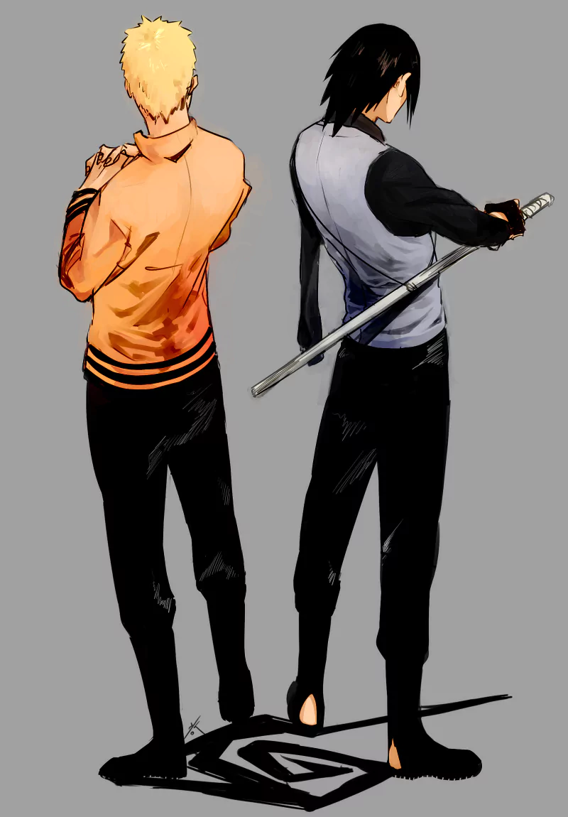 Anime, Boruto — two ninjas stand back-to-back: a blond in an orange jacket and a dark-haired swordsman holding a katana, their shadow forming a stylized symbol on the ground.