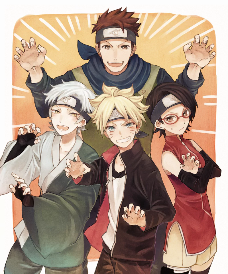Anime-style illustration of four Boruto characters posing with playful clawing hands and energetic expressions against a warm, radiant background.