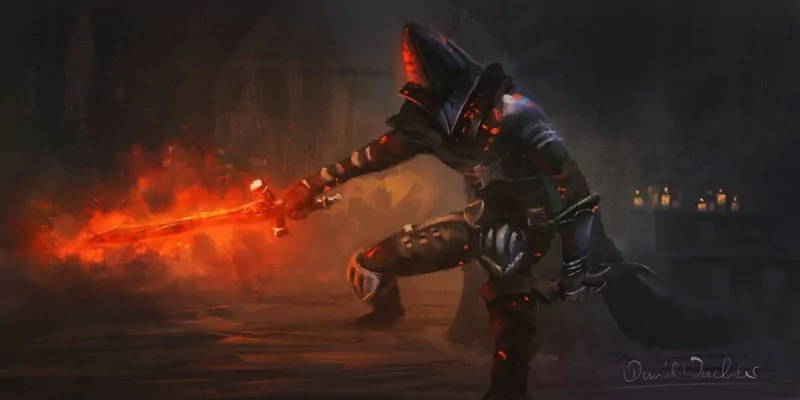 Dark Souls III video game — armored knight kneels in a shadowed hall, wielding a blazing, ember-trailing sword that bathes the scene in red light.