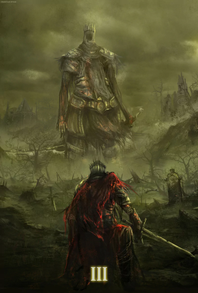 A warrior clad in armor faces a colossal, crowned figure amid a desolate, foggy battlefield in a scene from the video game Dark Souls III.