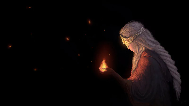 Video game Dark Souls III: blindfolded, braided white-haired woman holds a small glowing ember in the dark as embers drift around her.