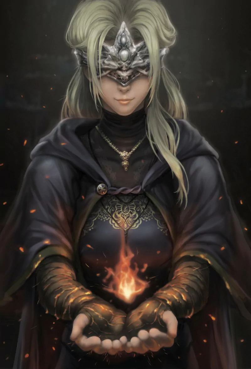 Dark Souls III video game: blindfolded Fire Keeper in a dark cloak cups a small bonfire flame, wearing an ornate blindfold, layered armor and a pendant.