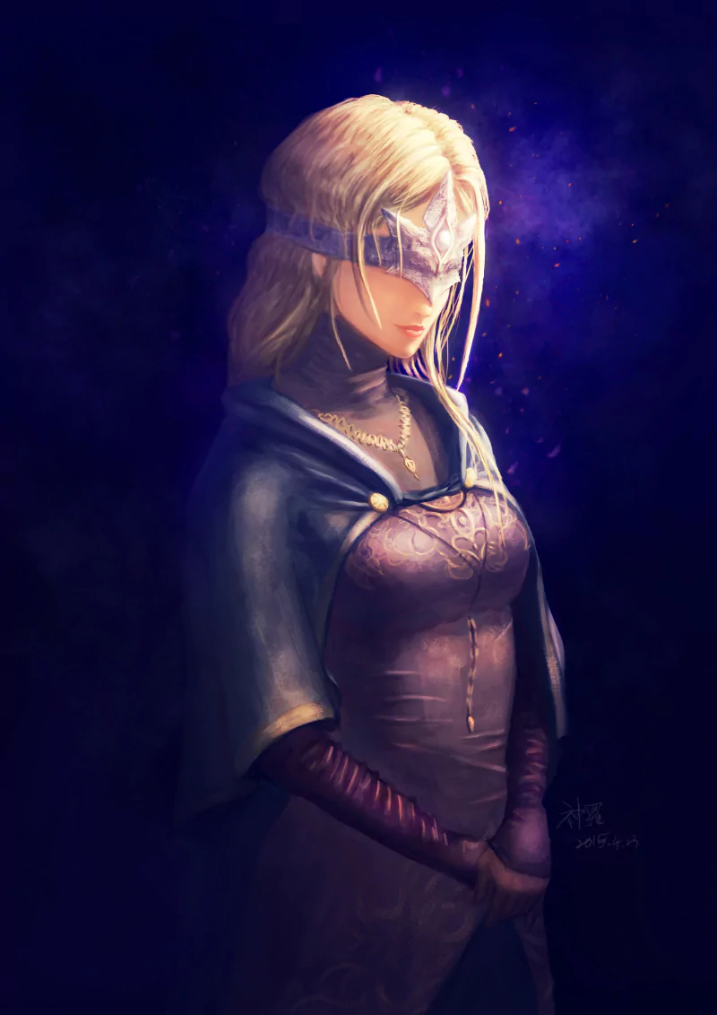 Digital artwork of a blindfolded female character from the video game Dark Souls III, depicted with long blonde hair and detailed medieval-style clothing against a dark background.