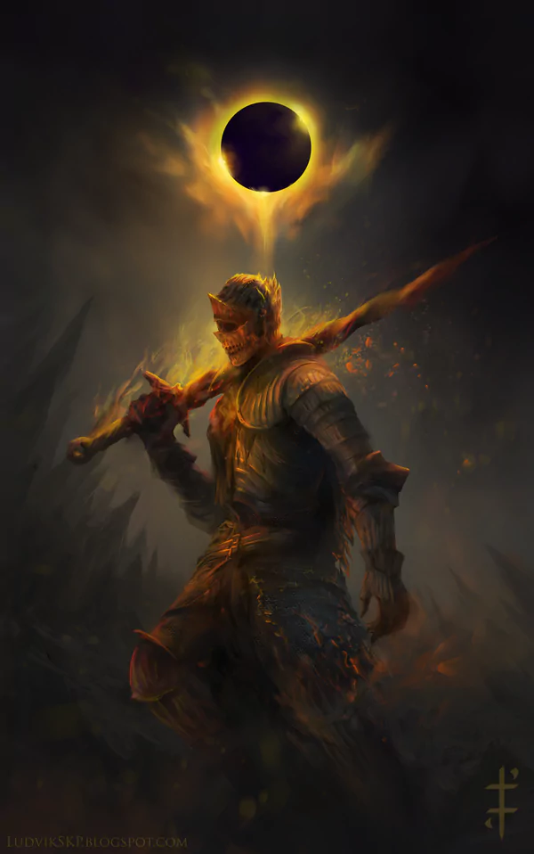Dark Souls III character engulfed in flames, holding a sword with a dark solar eclipse glowing in the sky behind, surrounded by an intense, fiery atmosphere.