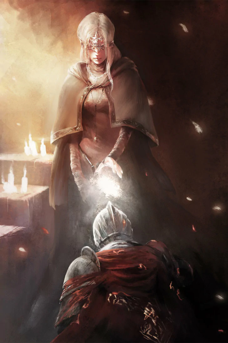 Artwork from the Dark Souls III video game: a blindfolded priestess transfers a glowing ember to a kneeling armored knight amid candles and drifting embers.