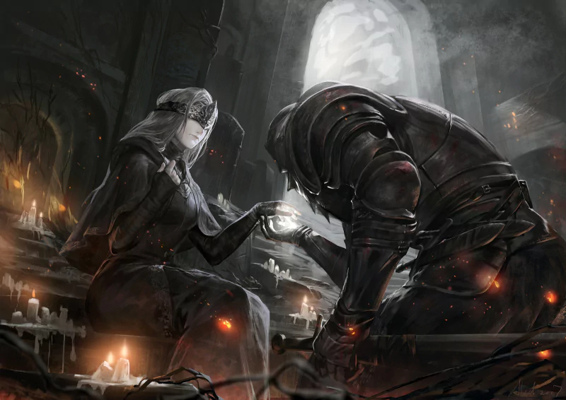 Dark Souls III video game scene: an armored knight kneels before a robed Fire Keeper in a candlelit cathedral, embers and ash swirling around them.