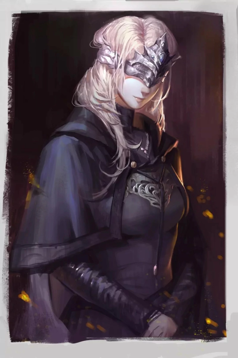 Digital art of a masked blonde female warrior in dark armor from the video game Dark Souls III, set against a dimly lit, atmospheric background.