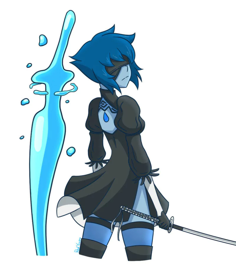 Stylized digital artwork of a blue-haired character from the video game NieR: Automata, holding a katana with a glowing blue energy sword beside them.