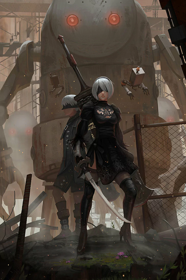 Two humanoid robots, YoRHa No.9 Type S and No.2 Type B from NieR: Automata, stand armed with katanas, wearing black dresses, thigh boots, blindfolds, against a giant robot backdrop.