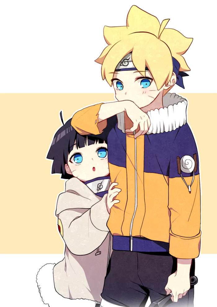 Himawari Uzumaki playfully hugs her brother, Boruto Uzumaki, in this charming anime illustration from the series Boruto, showcasing their sibling bond.