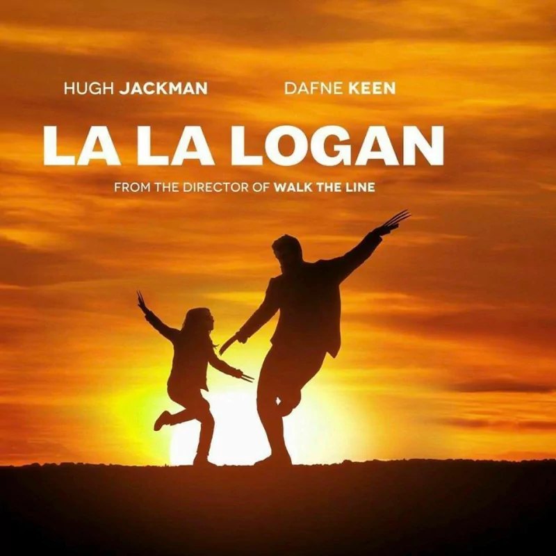 Sunset movie-poster silhouette of Logan (Wolverine) and X-23 holding hands beneath the title La La Logan, referencing the Logan film.