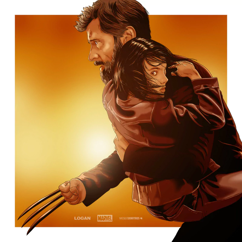 Stylized image of Logan (Wolverine) from the movie Logan protecting a young girl (Laura), claws extended and a warm orange backlight behind them.