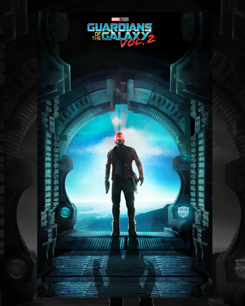 Poster of the movie Guardians of the Galaxy Vol. 2 featuring Star Lord standing in a futuristic doorway with a glowing blue background.
